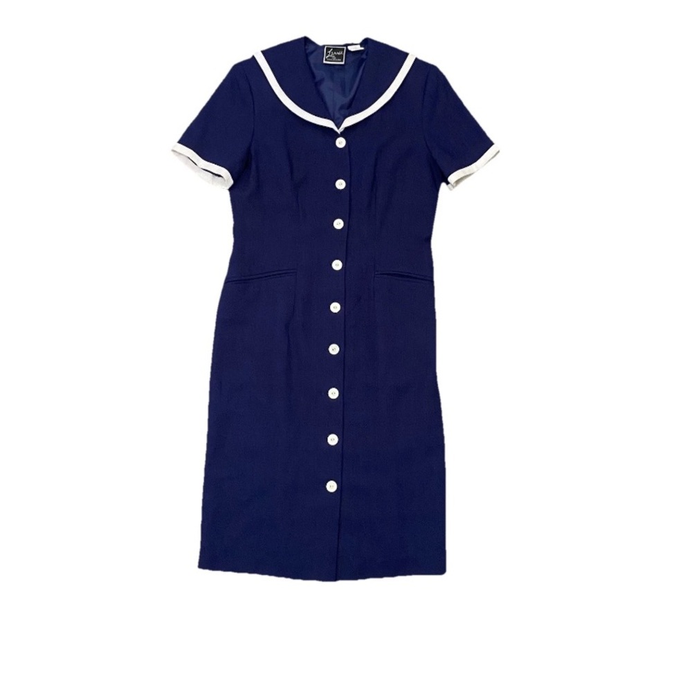 Navy white Midi Dress with Sailor Collar button vintage 8 short sleeve retro
